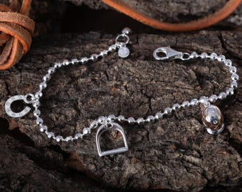 Silver Equestrian Beaded Bracelet, horsey themed bracelet with 3 charms and rose gold detailing.