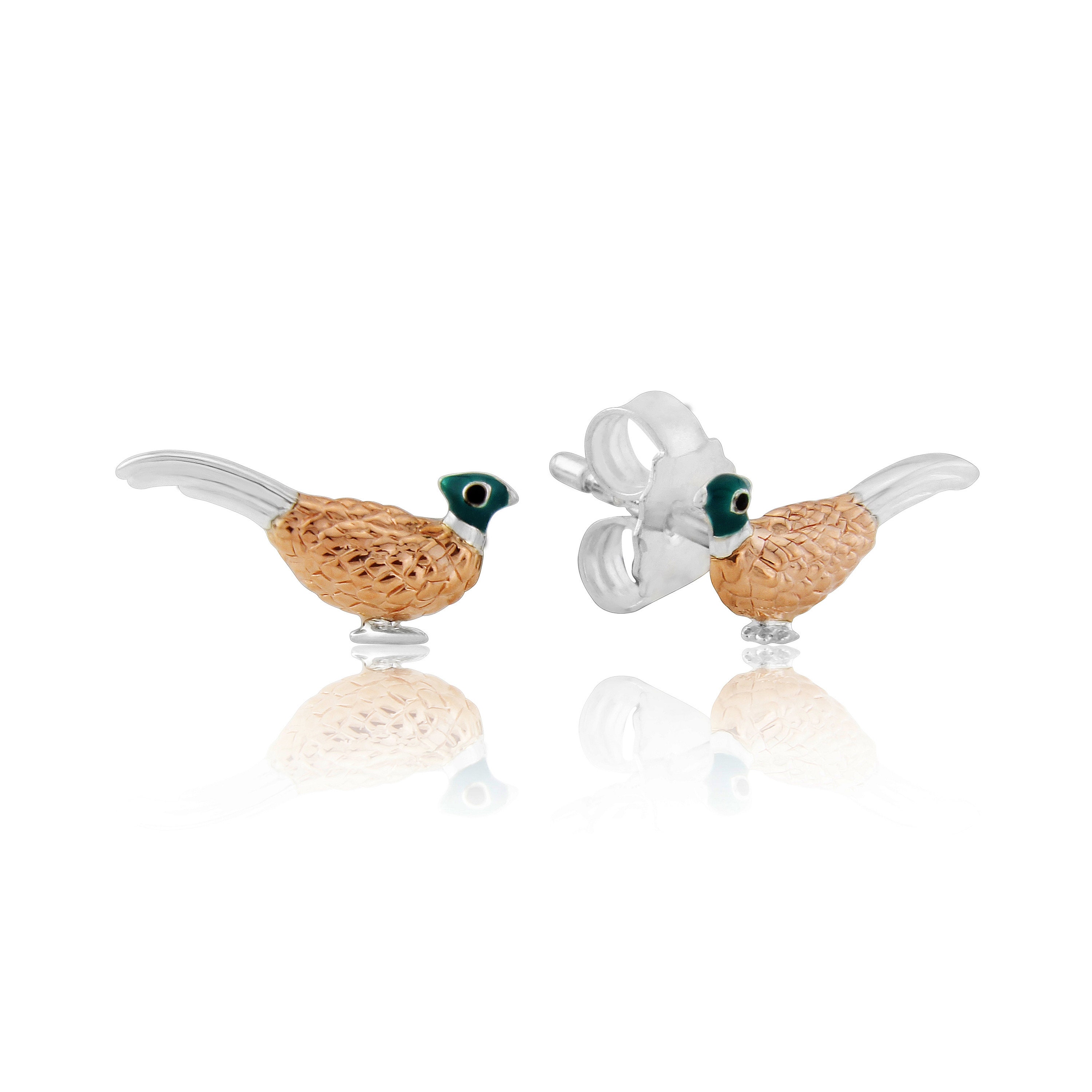 Orecchini A Bottone Con Fagiano In Argento Sterling, Dettagli Oro Rosa E Smalto - 12x6 Mm, Collezione Country - 3