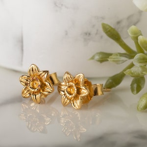 Daffodil Earrings, Daffodil Stud Earrings yellow gold vermeil.