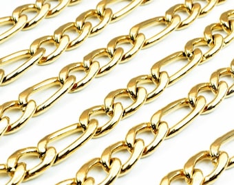 Cadena Figaro rellena de oro PVD de 18 quilates Tamaño 23 "de largo Incluye ancho de cierre 7,5 mm, espesor 3 mm, cadena de hallazgos de collar de bricolaje para la fabricación de joyas CG457