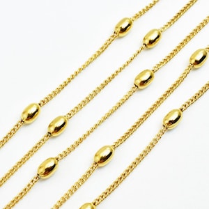 3mm 18K PVD Gold Curb Chain With Oval Bead, Width 1.5mm Thickness 1mm, PVD Gold Finding For Jewelry Making Chain Sold by Foot GFC071