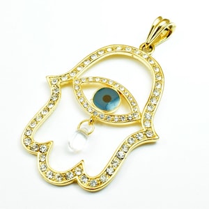 18K PVD Gold gefüllt Hamsa Evil Eye Anhänger CZ Diamant Stein Größe 63x45mm Schutz Anhänger Zubehör für Schmuck machen