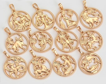 18K PVD Italian Gold Filled Zodiac Horoscope Charms Size 28x21mm Zodiac Coin Constellation DIY Pendants Findings For Jewelry Making