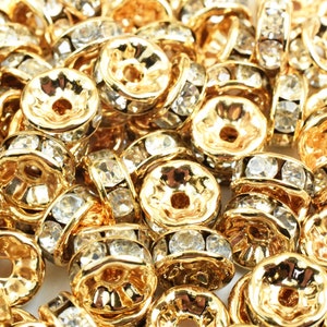 18K PVD Gold gefüllt Strass Spacer Rondelle rund Größen 4 mm, 5 mm, 6 mm, 7 mm, 8 mm, 10 mm, 12 mm Zubehör für DIY Schmuckherstellung
