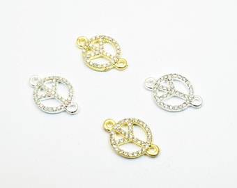 4 pcs peace sign rhinestone connector charm pave beads findings size 19.5x12.5mm thickness 2.5mm 2 jump rings 1mm for jewelry making