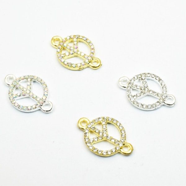 4 pcs peace sign rhinestone connector charm pave beads findings size 19.5x12.5mm thickness 2.5mm 2 jump rings 1mm for jewelry making