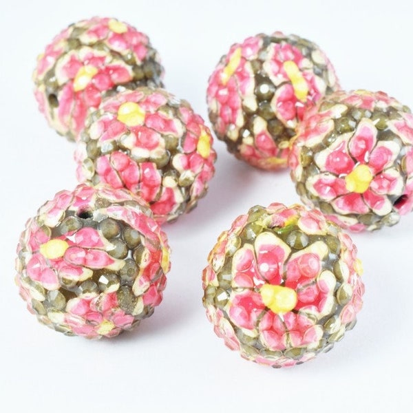 22mm hot pink floral print resin wooden round beads, wooden beads, wholesale bead, basketball wives bead,rhinestone beads,resin beads