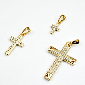 18K PVD Gold Filled Cross Charm Clear CZ Cubic Zircon Diamond 3 Sizes DIY Bling Bling Pendant Findings For Jewelry Making
