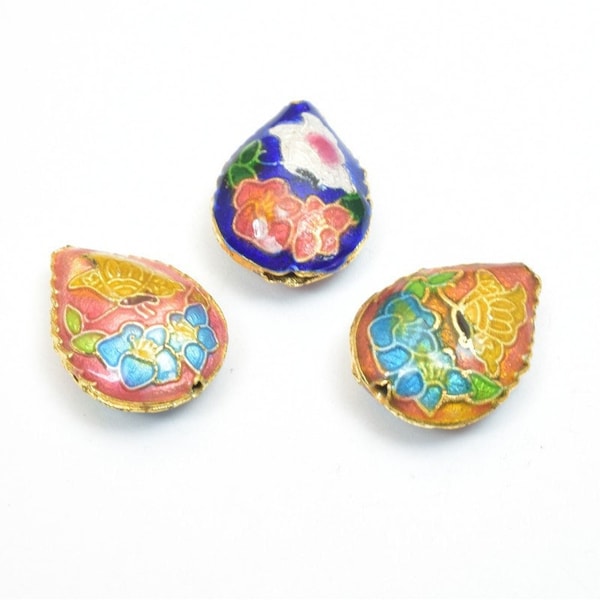 3 pcs flower tear drop cloisonne pendant beads size 20x15mm thickness 5mm hole size 1mm enamel design sweater chain charm for jewelry making