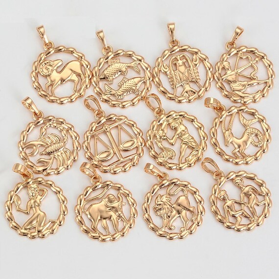 18K PVD Italian Gold Filled Zodiac Horoscope Charms Size 28x20mm Zodiac Coin Constellation DIY Pendant Findings For Jewelry Making