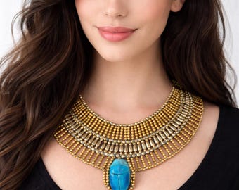 Ancient Egyptian Statement Collar Necklace with Blue Scarab Pharaoh-Inspired Beaded Gold Bib Necklace