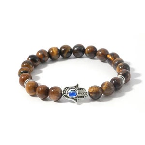8mm Yellow Tiger Eye Plus Evil Eye Beaded Bracelet Spiritual Stretch Bracelet