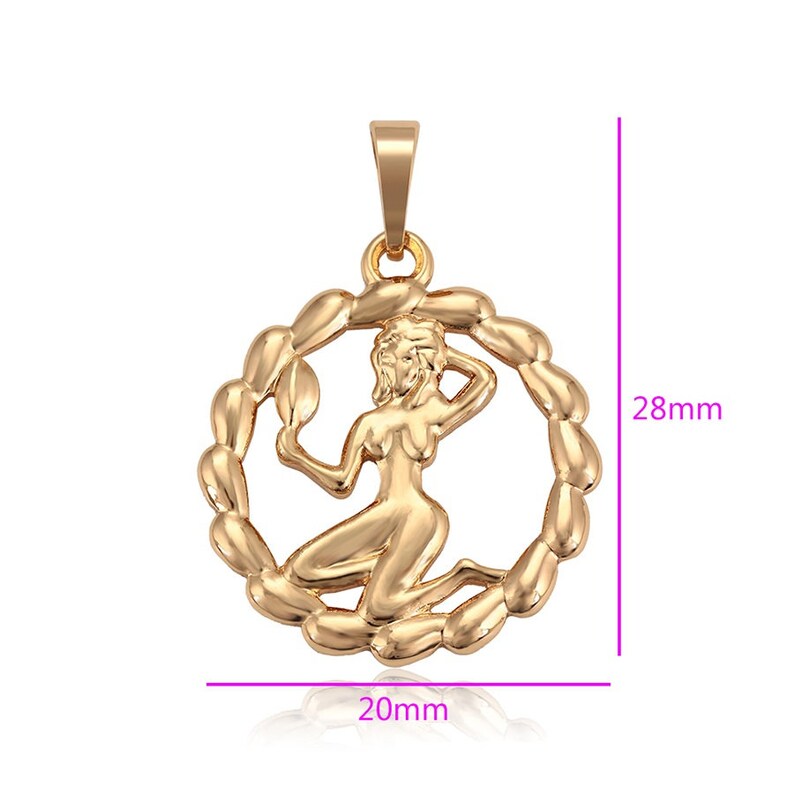 May include: Gold-toned pendant featuring the astrological symbol for Virgo, a woman holding a sheaf of wheat, within a circular frame. The pendant measures 28mm in height and 20mm in width.