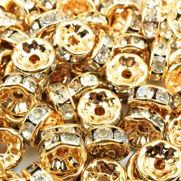 4mm 18K PVD Gold Rhinestone Spacer Roundelle, PVD Gold Bling Bling Finding Spacer Beads For DIY Jewelry Making GF5011