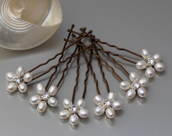 Freshwater Pearl Hair Pins x6, Floral Wedding Hair Accessory for Bride or Bridesmaid, Silver Gold or Rose Gold