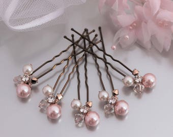 Rose Gold Wedding Hair Pins with Blush Pink and soft White Pearls, Bridal Hair Accessory for Bride or Bridesmaid Gift