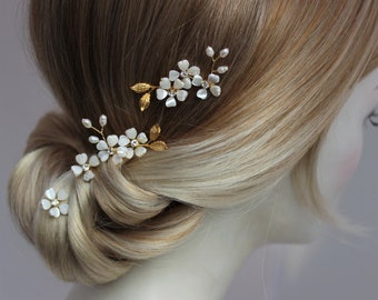 Pearl Flower Hair Pins Silver Gold or Rose Gold, Wedding Hair Accessory Floral Leaf Set of 3 or 5 for Bride Bridesmaid