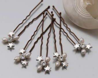 Star Hair Pins Silver or Gold, Star Wedding Hair Accessory for Bride or Bridesmaid, Freshwater Pearl & Crystal Constellation Hair Pins