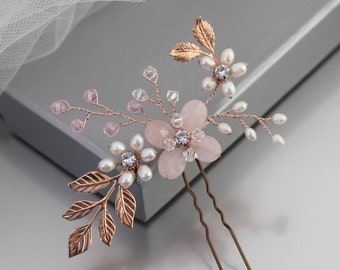 Rose Gold Hair Pin Blush Pink Wedding Hair Accessory, Rose Quartz Flower & Leaf Bride or Bridesmaid, Botanical Head Piece