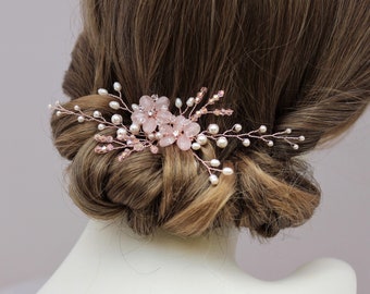 Pink Rose Quartz & Pearl Wedding Hair Accessory Side or Back, Silver Gold or Rose Gold Blush Floral Comb Head Piece