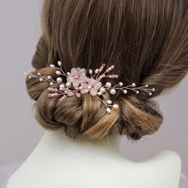 Pink Rose Quartz & Pearl Wedding Hair Accessory Side or Back, Silver Gold or Rose Gold Blush Floral Comb Head Piece