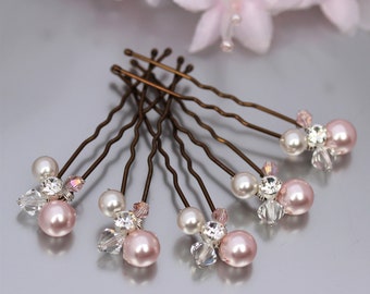 Pink & Soft White Pearl Hair Pins, Silver Gold or Rose Gold Blush Pearl Wedding Hair Accessory, Bridal Hair Pin Bridesmaid, Set of 5 or 7