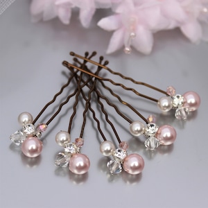 Pink & Soft White Pearl Hair Pins, Silver Gold or Rose Gold Blush Pearl Wedding Hair Accessory, Bridal Hair Pin Bridesmaid, Set of 5 or 7