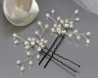 Freshwater Pearl Wedding Hair Pins Pair Gold Silver or Rose Gold, Bride Bridesmaid Delicate Honeysuckle Design Side or Back Hair Accessory