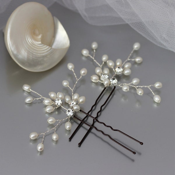 Freshwater Pearl Wedding Hair Pins Pair Gold Silver or Rose Gold, Bride Bridesmaid Delicate Honeysuckle Design Side or Back Hair Accessory