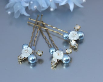 Light Blue Wedding Hair Pins, Delicate Floral Pearl & Opal Bridal Hair Accessory, Bridesmaid Bride or Mother-of-Bride