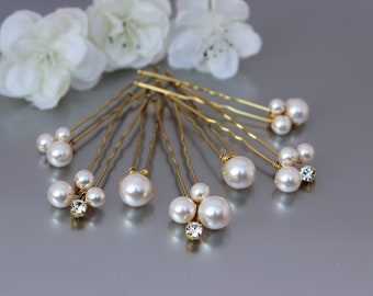 Pearl Hair Pins Silver Gold or Rose Gold, Bride or Bridesmaid Wedding Accessory, Set of 5 or 7 Luxury Pearl & Crystal Cluster Pins