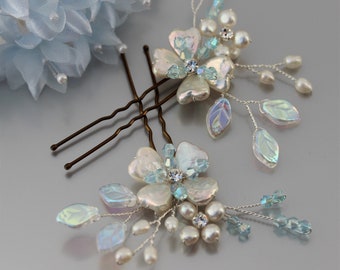 Light Aquamarine Blue Hair Pins Single or Set, Pale Blue Crystal & Pearl Wedding Hair Accessory, Silver Gold Rose Gold Something Blue Bridal