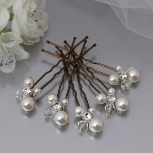 Soft white Pearl and Clear Crystal Cluster effect Hair Pins set of 5 or 7 for a classical bridal look.