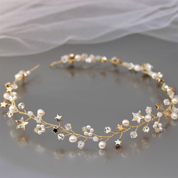 Opal Crystal & Star Hair Vine Silver or Gold, Pearl Wedding Hair Accessory Front or Back, Constellation Bridal Head Piece