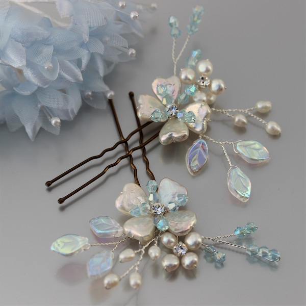 Light Aquamarine Blue Hair Pins Single or Set, Pale Blue Crystal & Pearl Wedding Hair Accessory, Silver Gold Rose Gold Something Blue Bridal