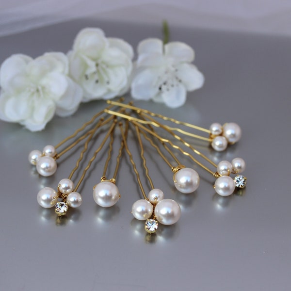 Pearl Hair Pins Silver Gold or Rose Gold, Bride or Bridesmaid Wedding Accessory, Set of 5 or 7 Luxury Pearl & Crystal Cluster Pins