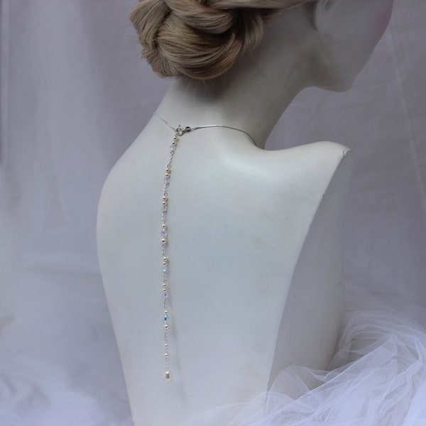 Back Drop Extender Chain Pearl or Crystal Tear Drop, Choice of Length, Sterling Silver Wedding Back Piece