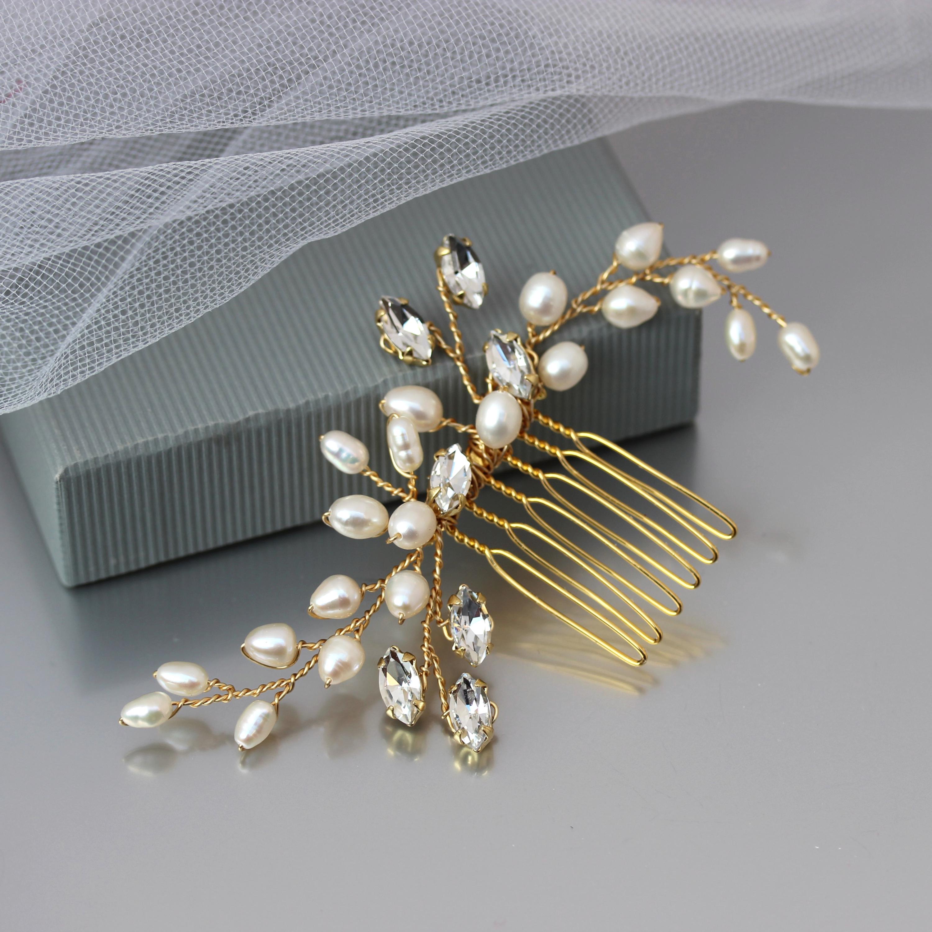 Genuine freshwater pearl brass hair comb. One of a kind ✨ gold white pink PinkGlassBridalHairComb_1200x.  main image 4