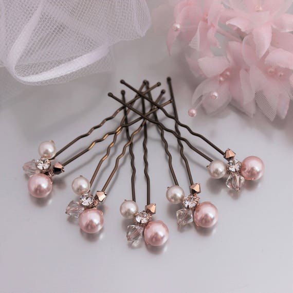 Rose Gold Wedding Hair Pins Blush Pink Ivory Pearl Hair Etsy