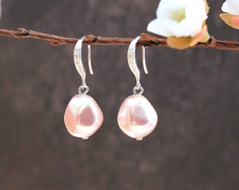 Pink Pearl Earrings Sterling Silver, Blush Pink Wedding Earrings Bride Bridesmaid Gift, Pink Baroque Pearl  on CZ Crystal Set Ear Droppers