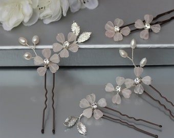 Pale Pink Rose Quartz Floral Hair Pins Gold Silver or Rose Gold Leaves, Wedding Hair Accessory Bride Bridesmaid Set of x3 or x5