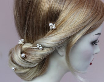 Pearl Bridal Hair Pins Silver Gold or Rose Gold, Bride or Bridesmaid Wedding Accessory, Set of 5 or 7 Luxury Pearl Crystal Cluster Pins