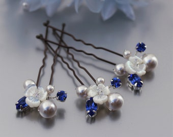 Sapphire Blue Hair Pins, Pearl Floral Cluster & Deep Blue Crystal Wedding Hair Accessory, Bridesmaid Bride or Mother-of-Bride Hair Jewels UK