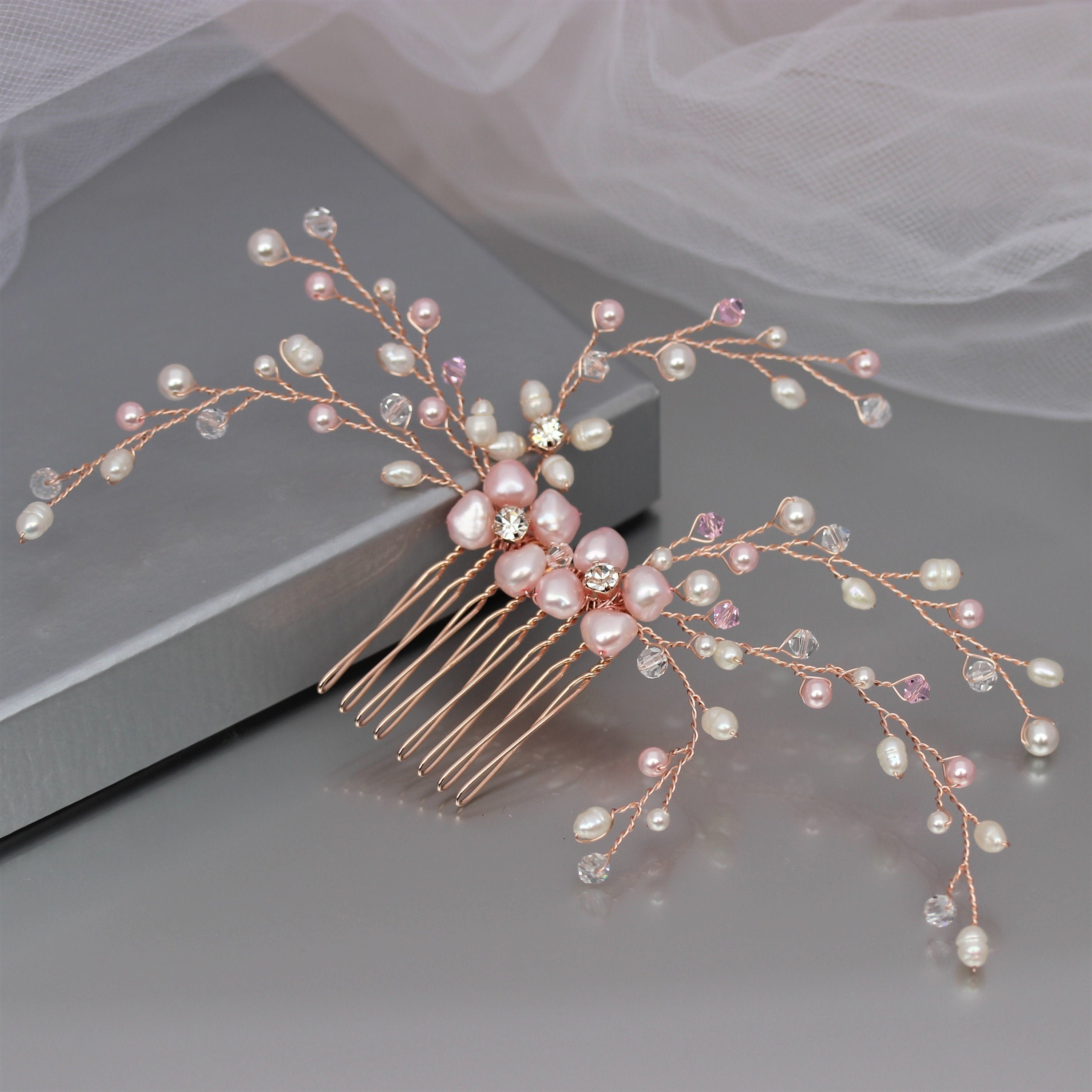Peineta de boda con perla rosa y blanca para lateral o trasera, accesorio para el cabello en oro rosa, plata o dorado, peineta rosa ruborizado para novia o dama de honor.