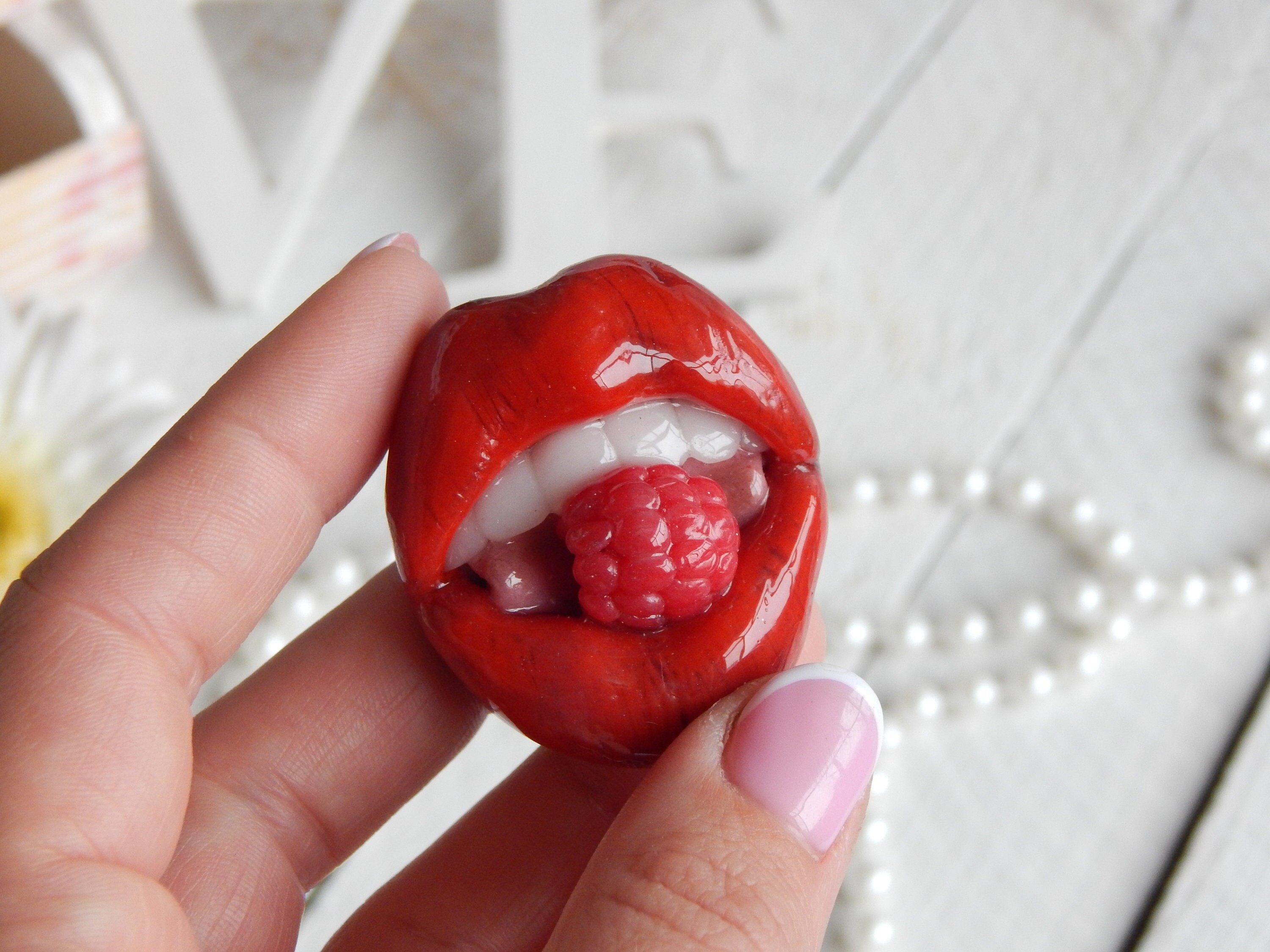 Red Lips Brooch Polymer Clay Lips With Raspberries Shawl Pin Etsy