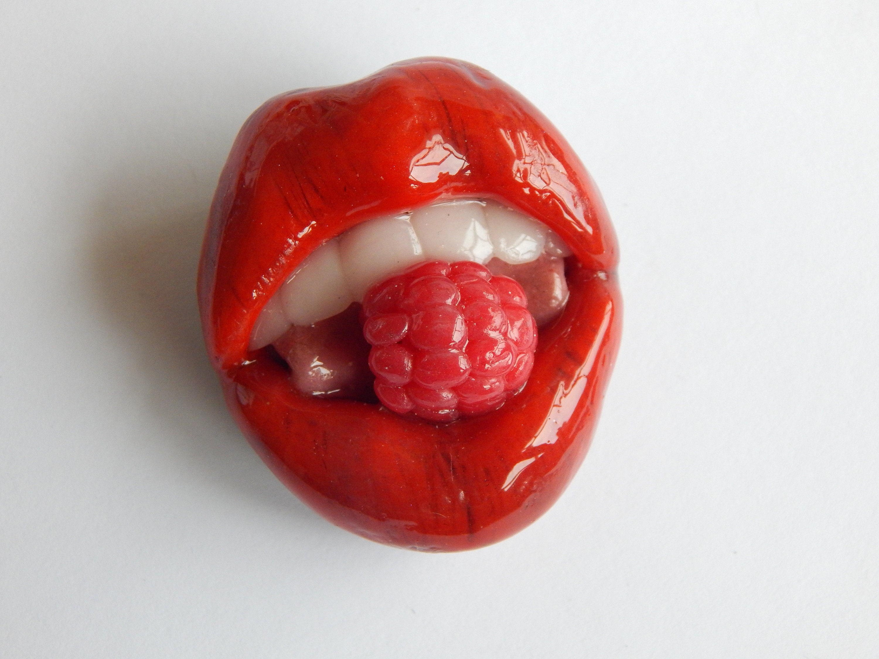 Red Lips Brooch Polymer Clay Lips With Raspberries Shawl Pin Etsy