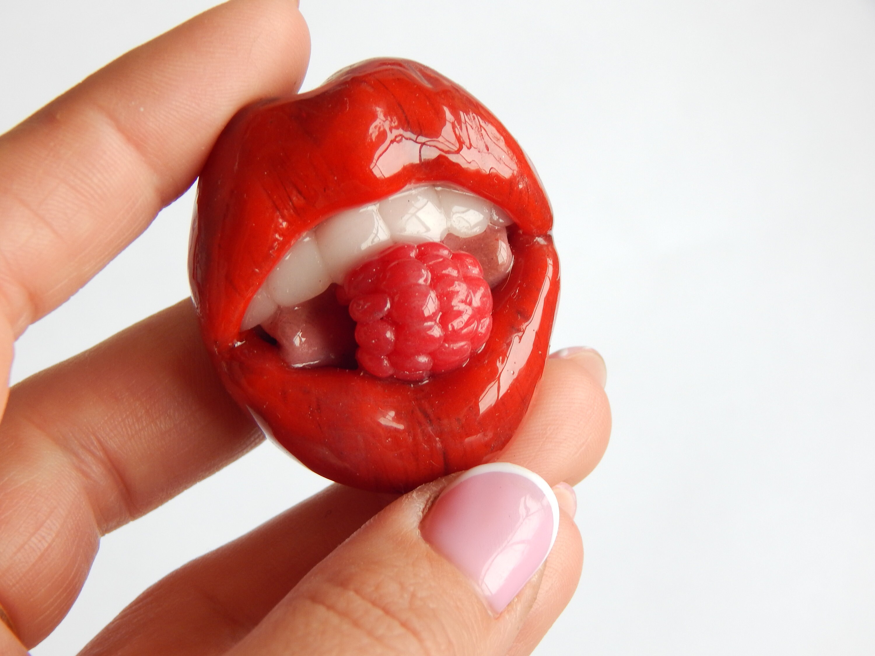 Red Lips Brooch Polymer Clay Lips With Raspberries Shawl Pin Etsy