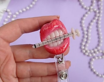 Lip with syringe badge reel Phlebotomist Valentine's gift for ER Nurse Doctor Graduation Medical assistant Aide badge reel ID card holder