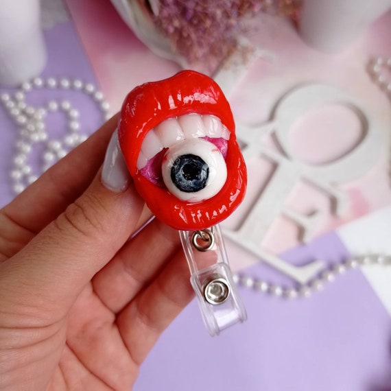 Red Lips with eye badge reel ID card holder Human eye 3d badge reel ophthalmolog ER Nurse Medic Doctor gift Retractable reel Slide clip