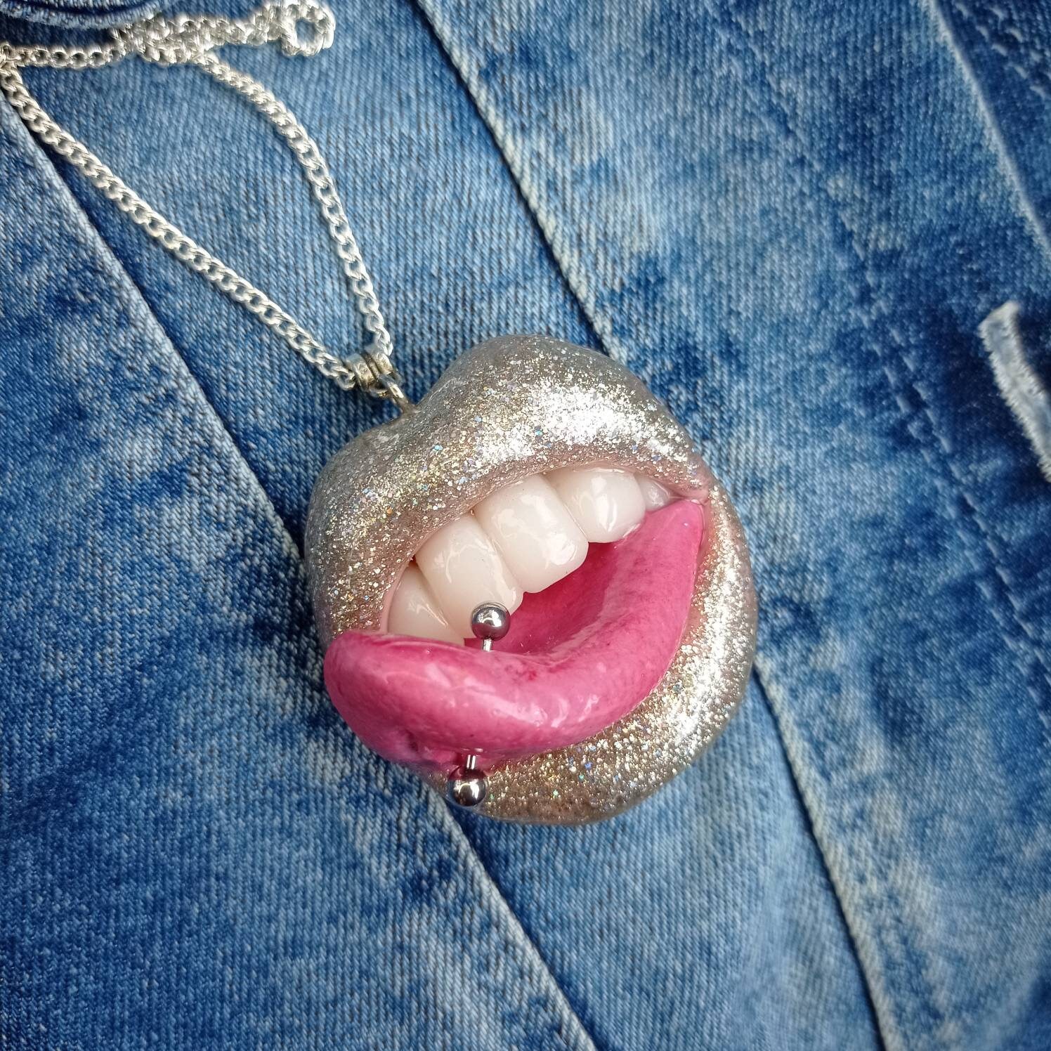 Shiny sexy lips with piercing tongue necklace Lips pendant Etsy